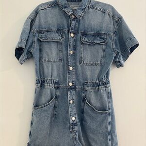 Free People Light Wash Denim Button-Front Romper